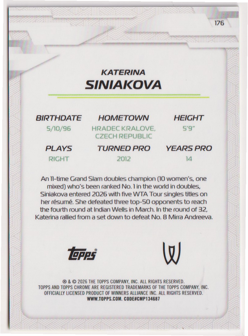 2026 Katerina Siniakova — #176 Yellow Refractor 261/275 — back