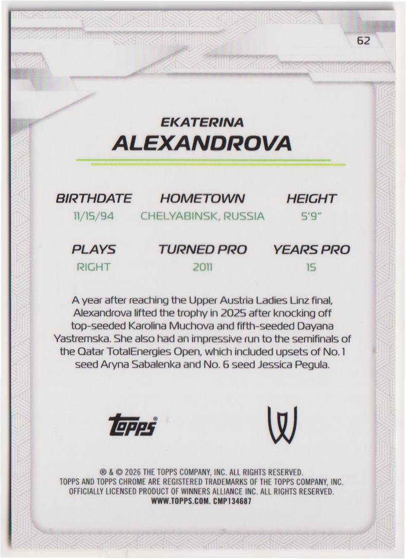 2026 Ekaterina Alexandrova — #62 Yellow Refractor 254/275 — back