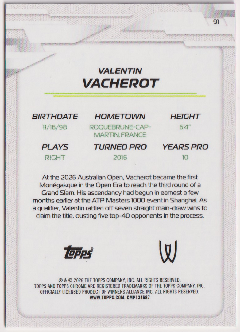 2026 Valentin Vacherot — #91 Pink Refractor 024/250 — back