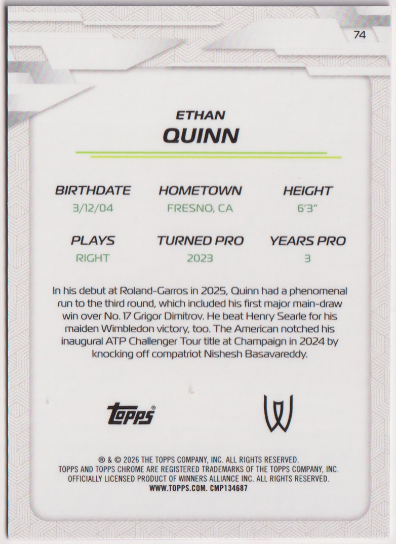 2026 Ethan Quinn — #74 Pink Refractor 248/250 — back