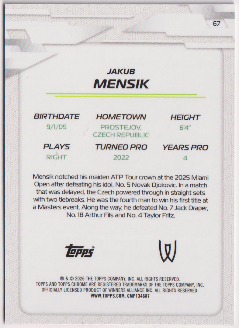 2026 Jakub Mensik — #67 Pink Refractor 212/250 — back