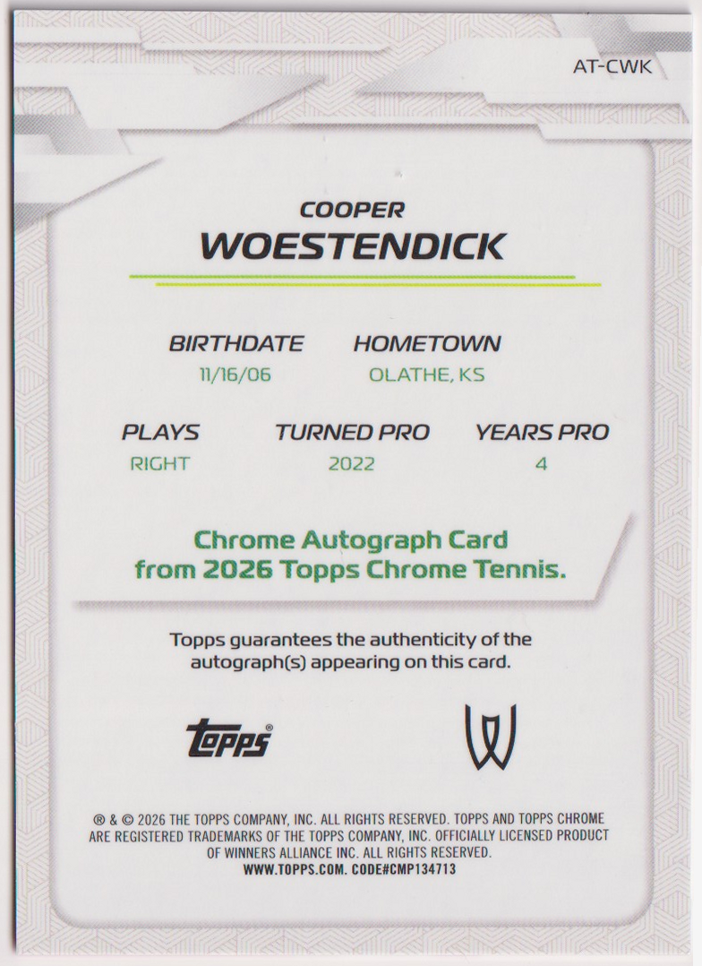 2026 Topps Chrome Tennis Cooper Woestendick Pink Refractor Autograph #AT-CWK 095/250, back
