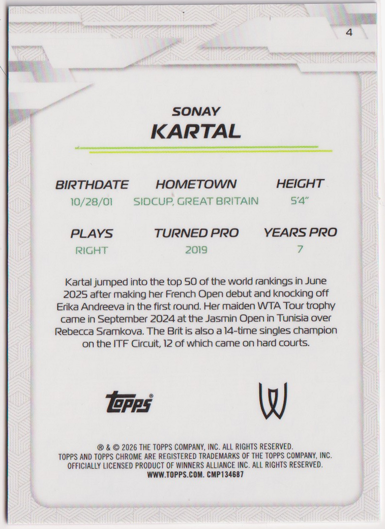 2026 Topps Chrome Tennis Sonay Kartal Pink Refractor RC #4 232/250, back