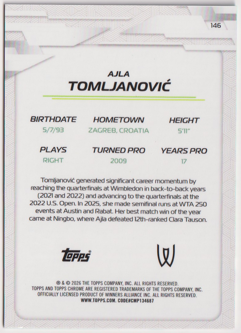 2026 Ajla Tomljanovic — #146 Aqua Geometric Refractor 086/199 — back