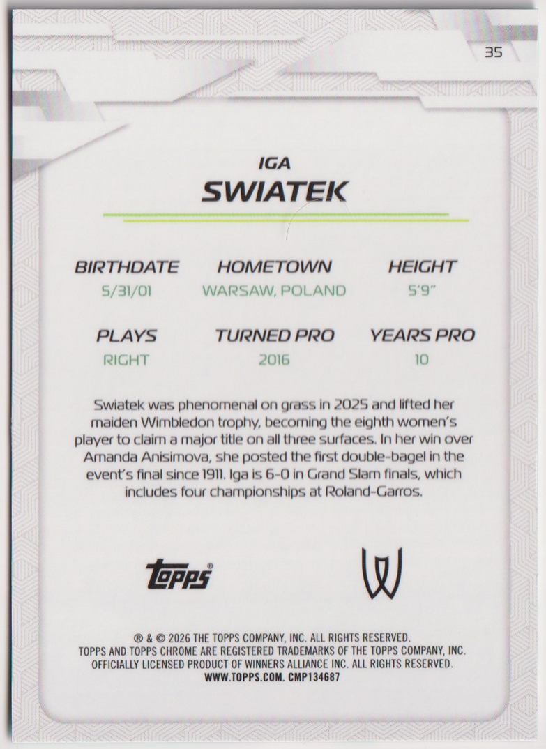 2026 Topps Chrome Tennis Iga Swiatek Aqua Refractor #35 134/199, back