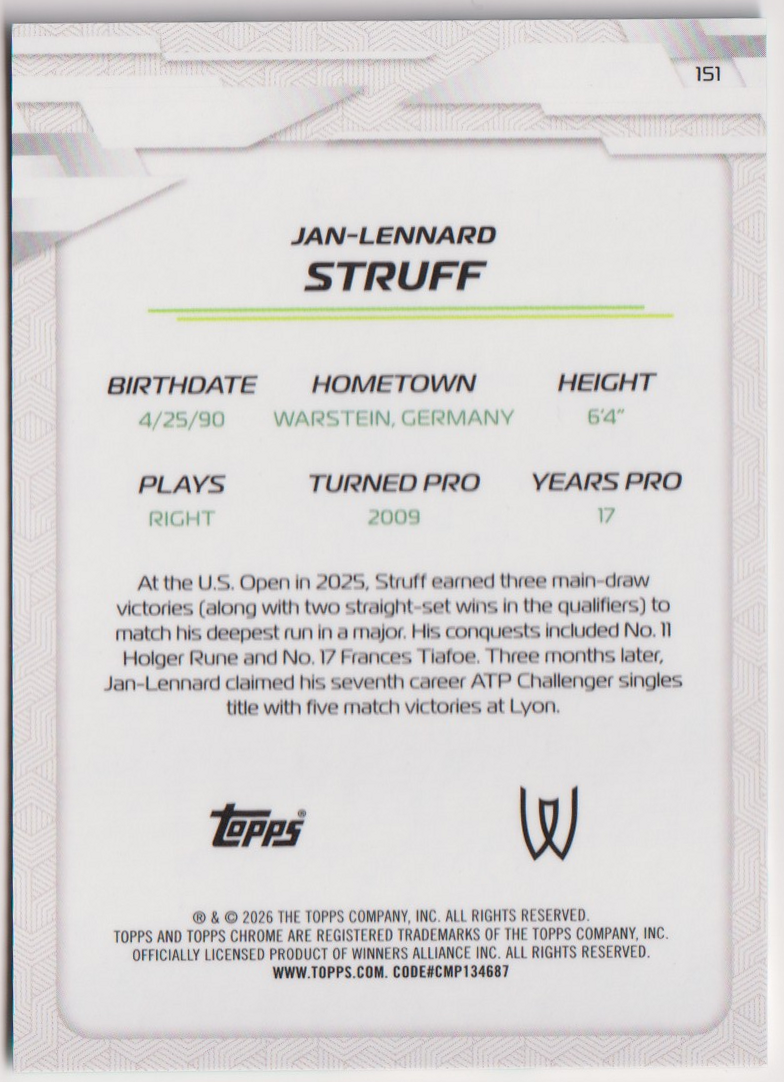 2026 Topps Chrome Tennis Jan-Lennard Struff Aqua Geometric Refractor #151 069/199, back