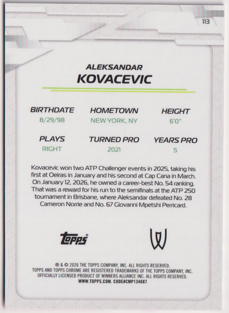 2026 Aleksandar Kovacevic — #113 Pink Refractor 019/250 — back