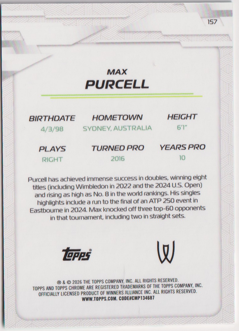2026 Max Purcell — #157 Aqua Refractor 151/199 — back