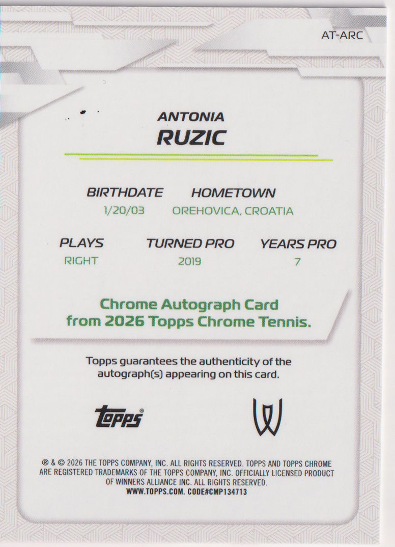 2026 Topps Chrome Tennis Antonia Ruzic Pink Refractor Autograph RC #AT-ARC 181/250, back