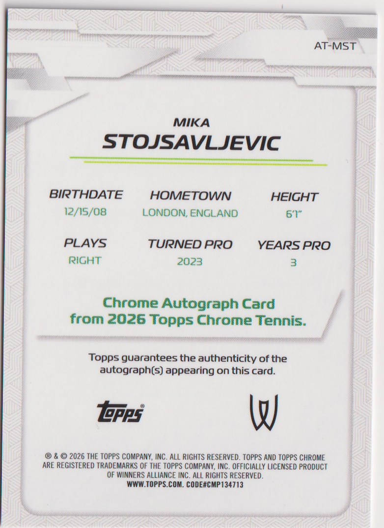 2026 Topps Chrome Tennis Mika Stojsavljevic Pink Refractor Autograph RC #AT-MST 113/250, back