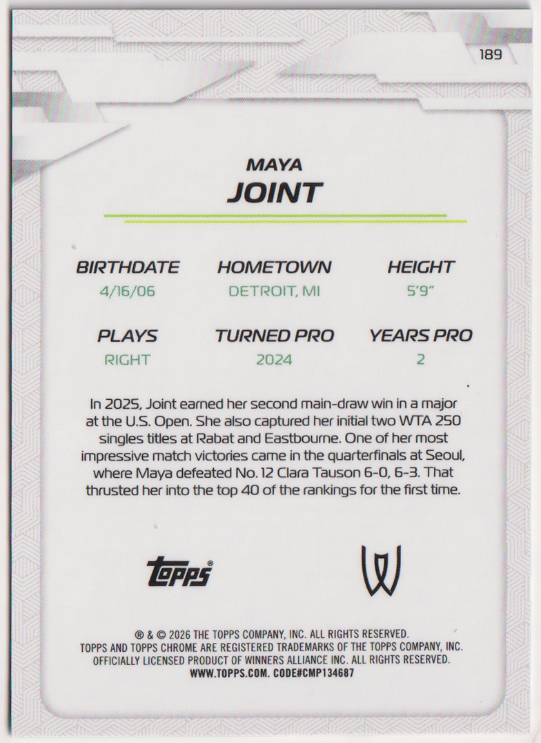 2026 Maya Joint — #189 Aqua Refractor 018/199 — back