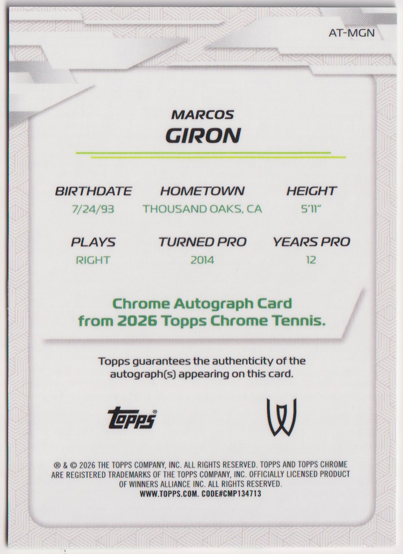 2026 Topps Chrome Tennis Marcos Giron Green Refractor Autograph #AT-MGN 37/99, back