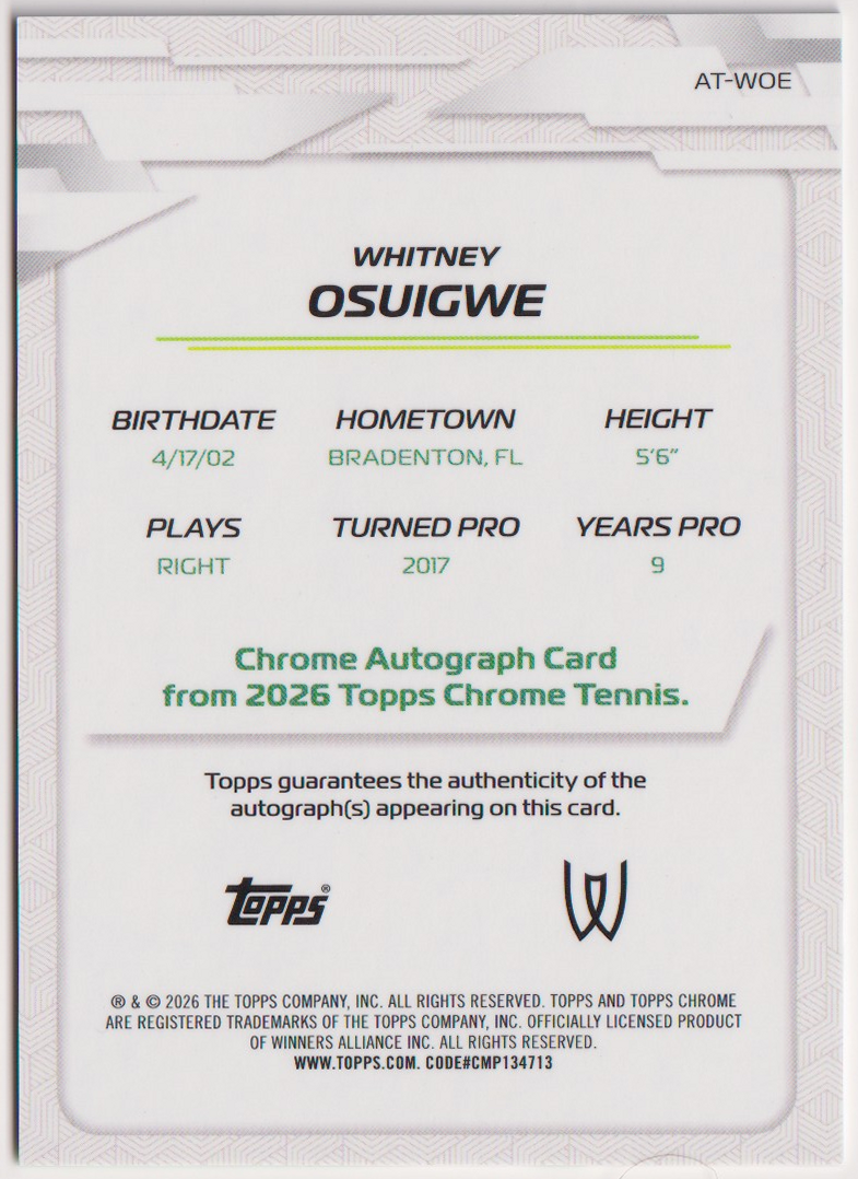 Whitney Osuigwe — #AT-WOE Green Geometric Refractor Auto 97/99 — back