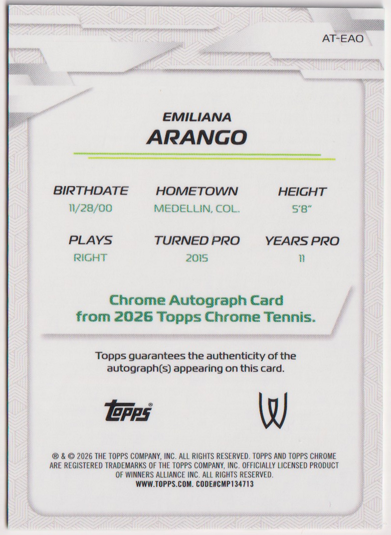 2026 Topps Chrome Tennis Emiliana Arango Green Refractor Autograph #AT-EAO 68/99, back