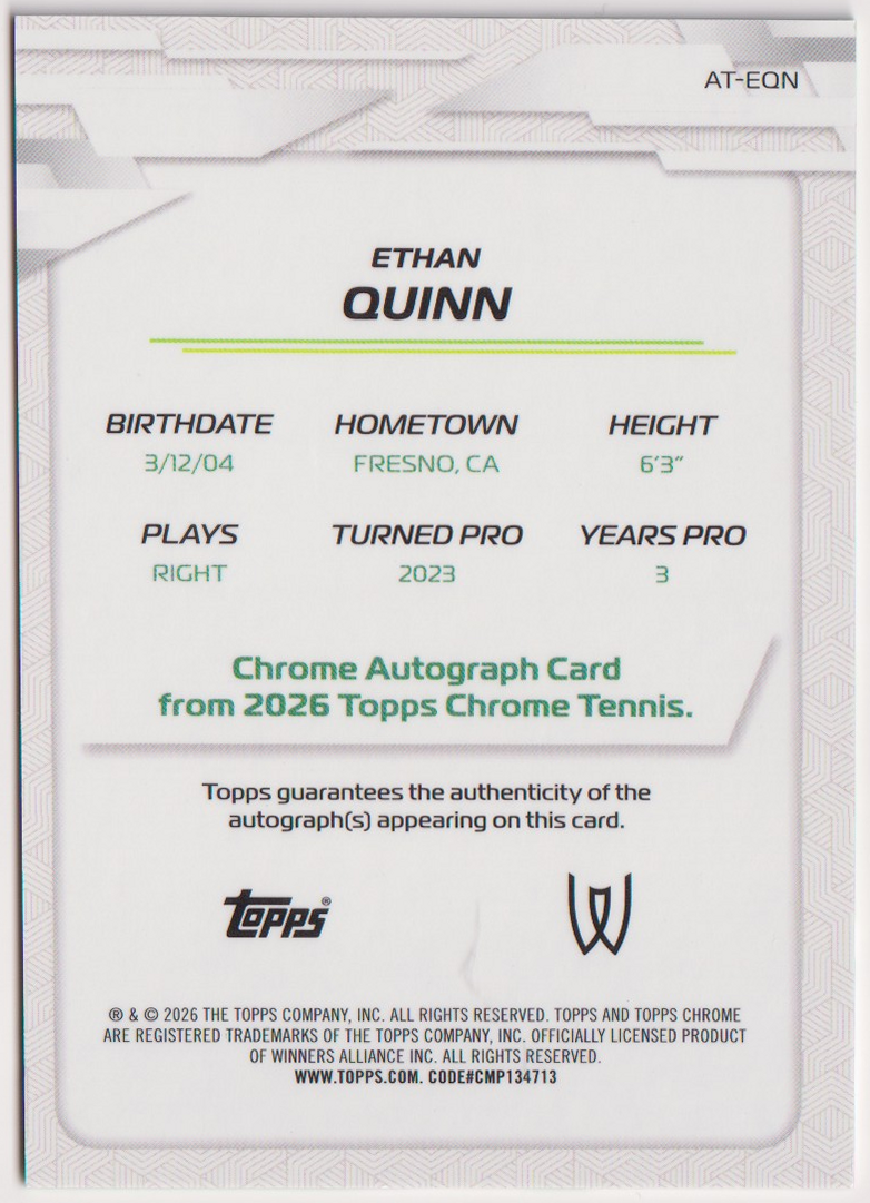 2026 Topps Chrome Tennis Ethan Quinn Green Geometric Refractor Autograph #AT-EQN 68/99, back