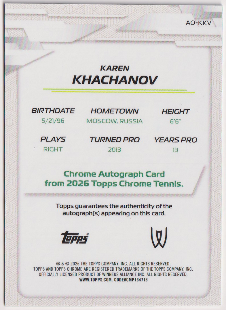 Karen Khachanov — #AO-KKV Green Geometric Refractor Auto 63/99 — back