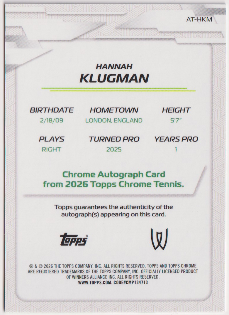 2026 Topps Chrome Tennis Hannah Klugman Green Refractor Autograph RC #AT-HKM 50/99, back