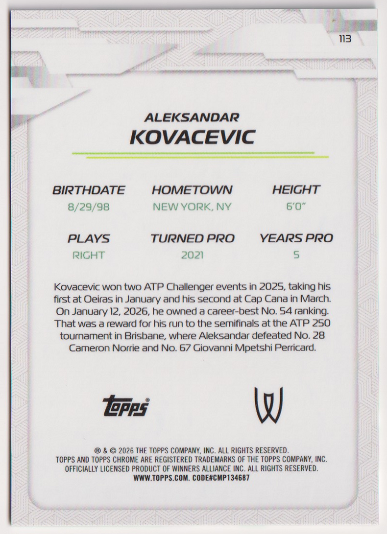 2026 Aleksandar Kovacevic — #113 Green Geometric Refractor 57/99 — back