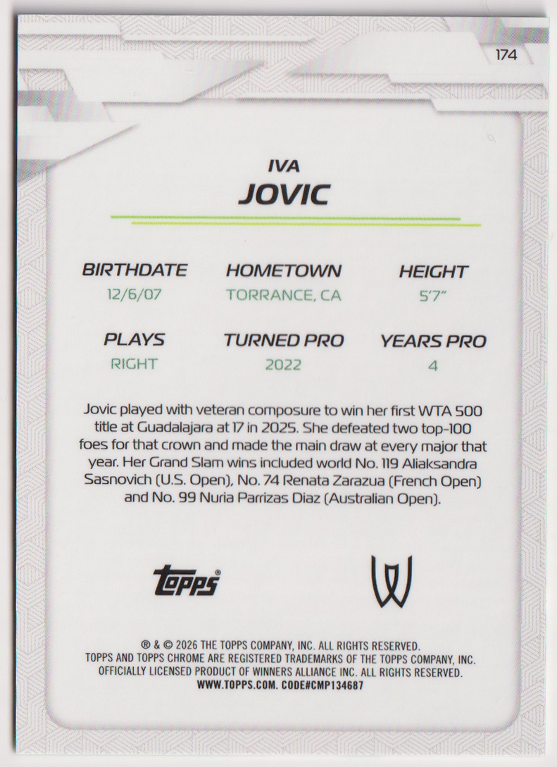 2026 Topps Chrome Tennis Iva Jovic Green Refractor #174 03/99, back
