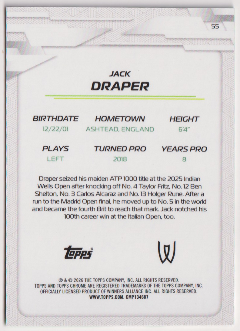 2026 Jack Draper — #55 Green Geometric Refractor 06/99 — back