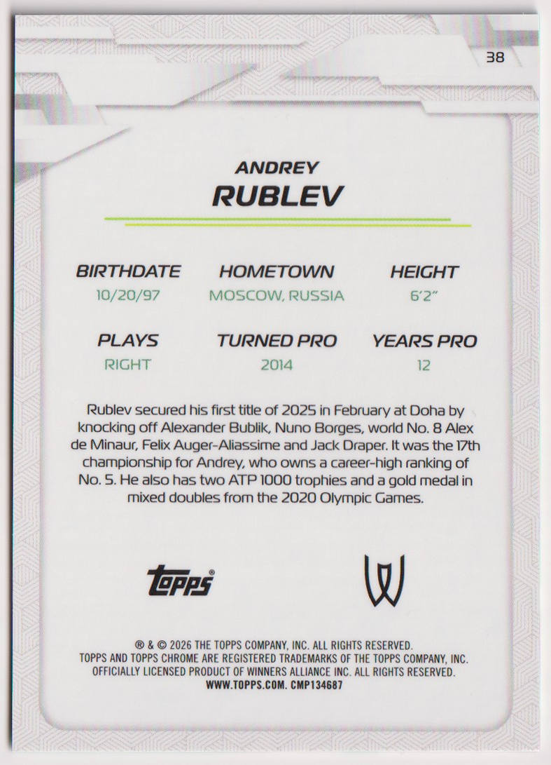 2026 Andrey Rublev — #38 Aqua Geometric Refractor 087/199 — back