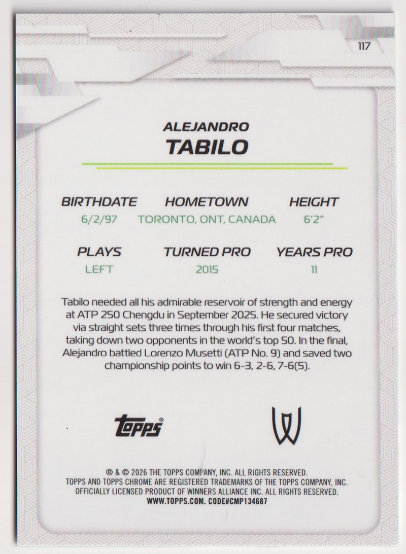 2026 Topps Chrome Tennis Alejandro Tabilo Green Refractor #117 37/99, back