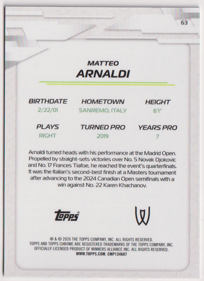 2026 Matteo Arnaldi — #63 Aqua Geometric Refractor 138/199 — back