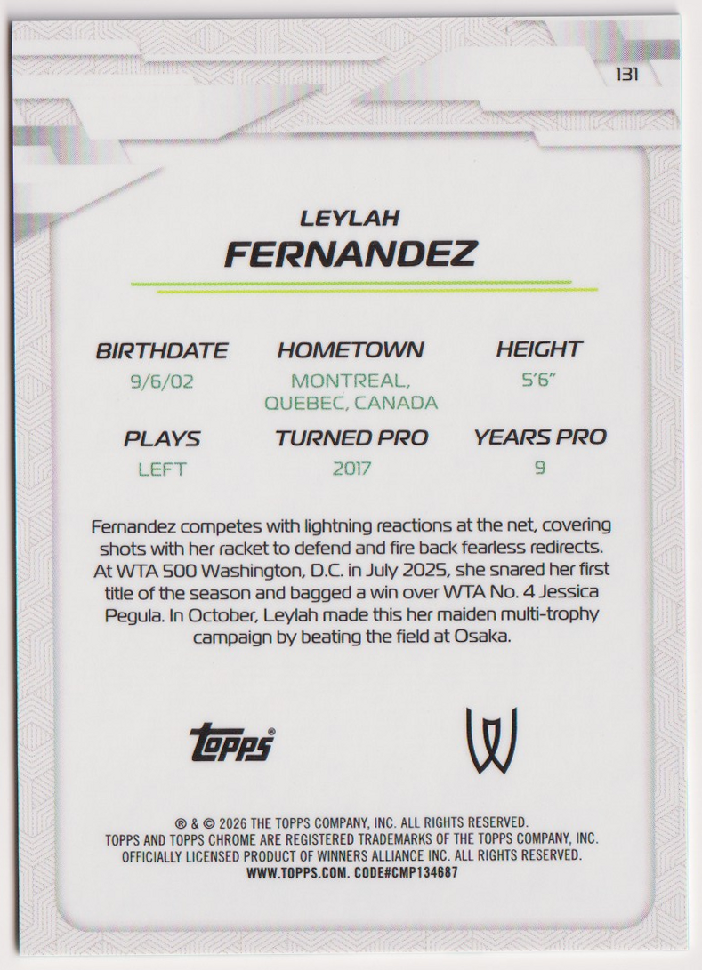 2026 Leylah Fernandez — #131 Aqua Geometric Refractor 151/199 — back