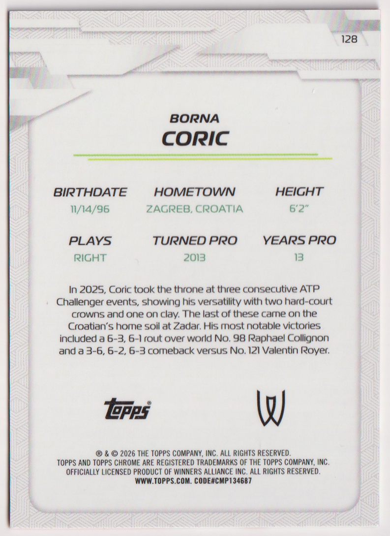 2026 Topps Chrome Tennis Borna Coric Orange Refractor #128 01/25, back