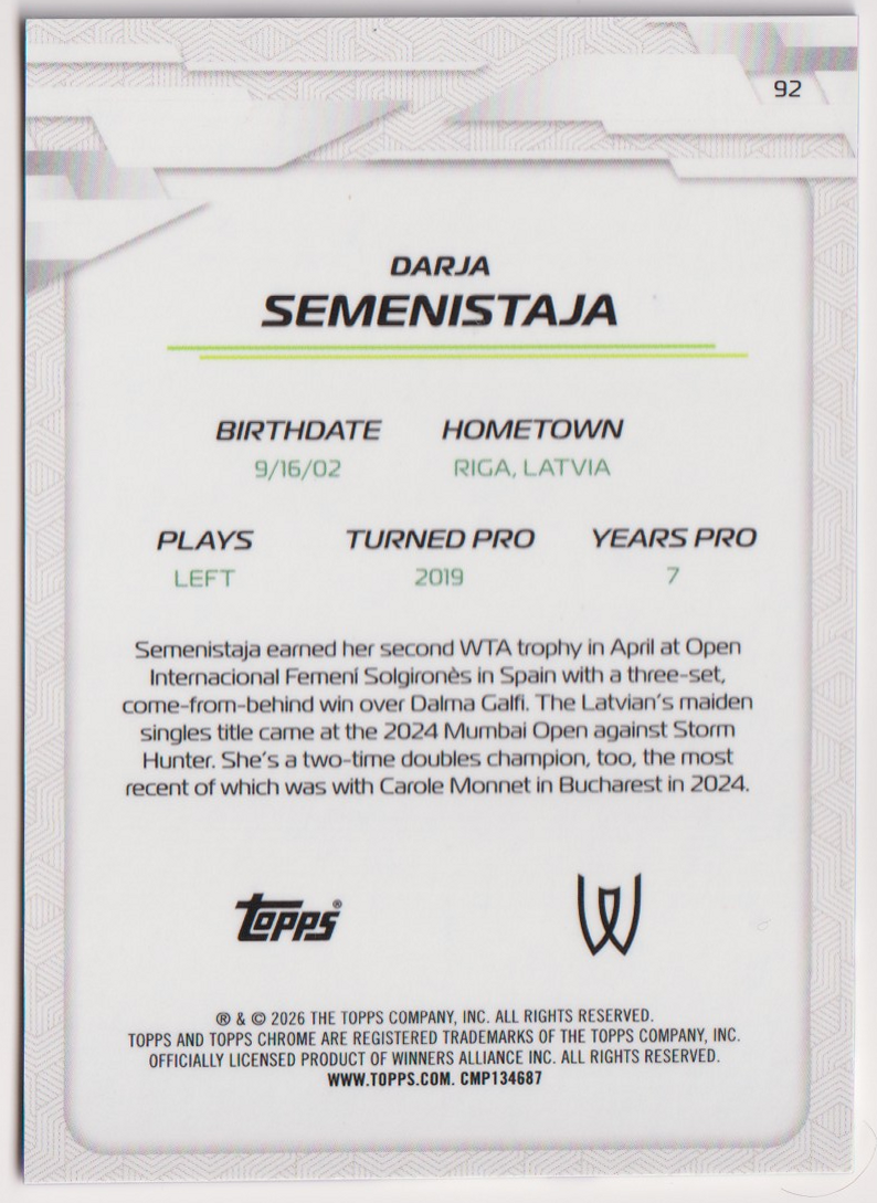 2026 Darja Semenistaja — #92 Purple Refractor 11/75 RC — back