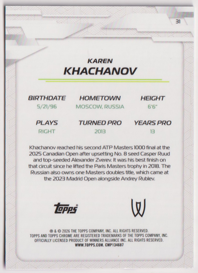 2026 Karen Khachanov — #31 Purple Refractor 64/75 — back