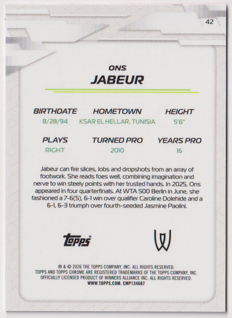 2026 Ons Jabeur — #42 Pink Refractor 175/250 — back