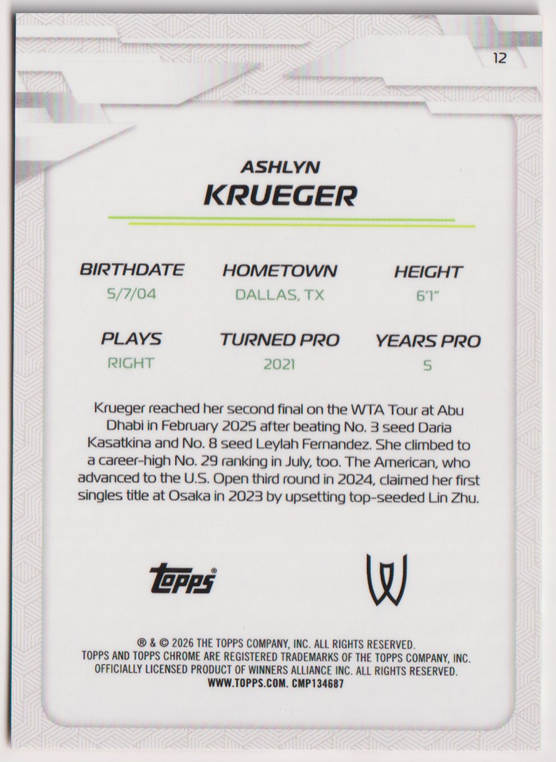 2026 Topps Chrome Tennis Ashlyn Krueger Gold Refractor #12 42/50, back