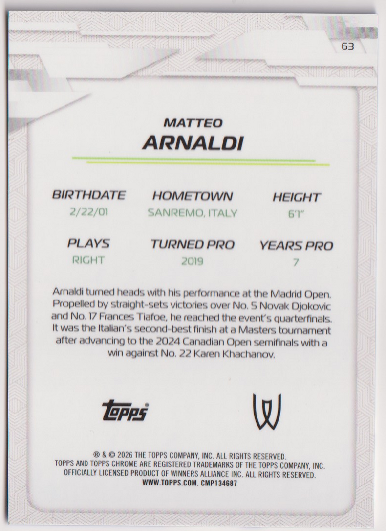 2026 Matteo Arnaldi — #63 Blue Refractor 080/150 — back
