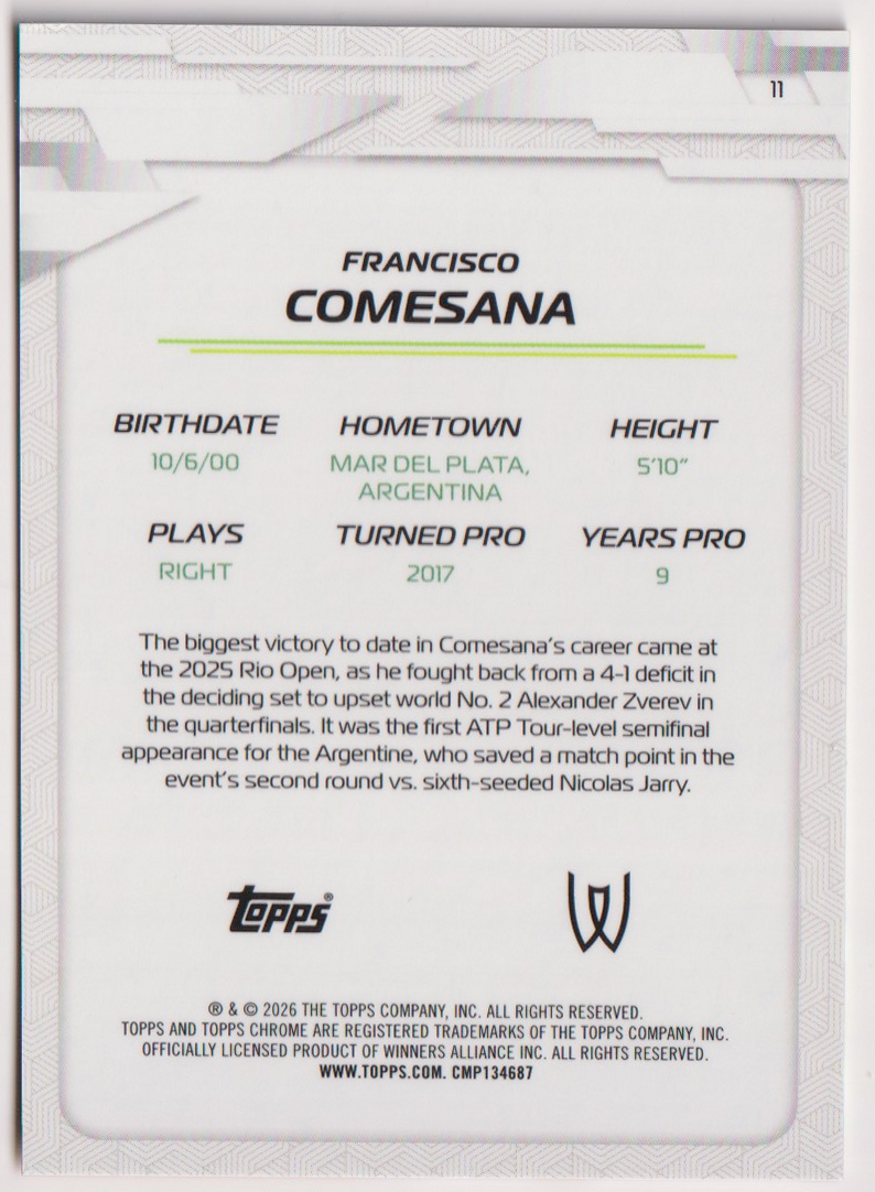 2026 Topps Chrome Tennis Francisco Comesana Gold Refractor RC #11 30/50, back