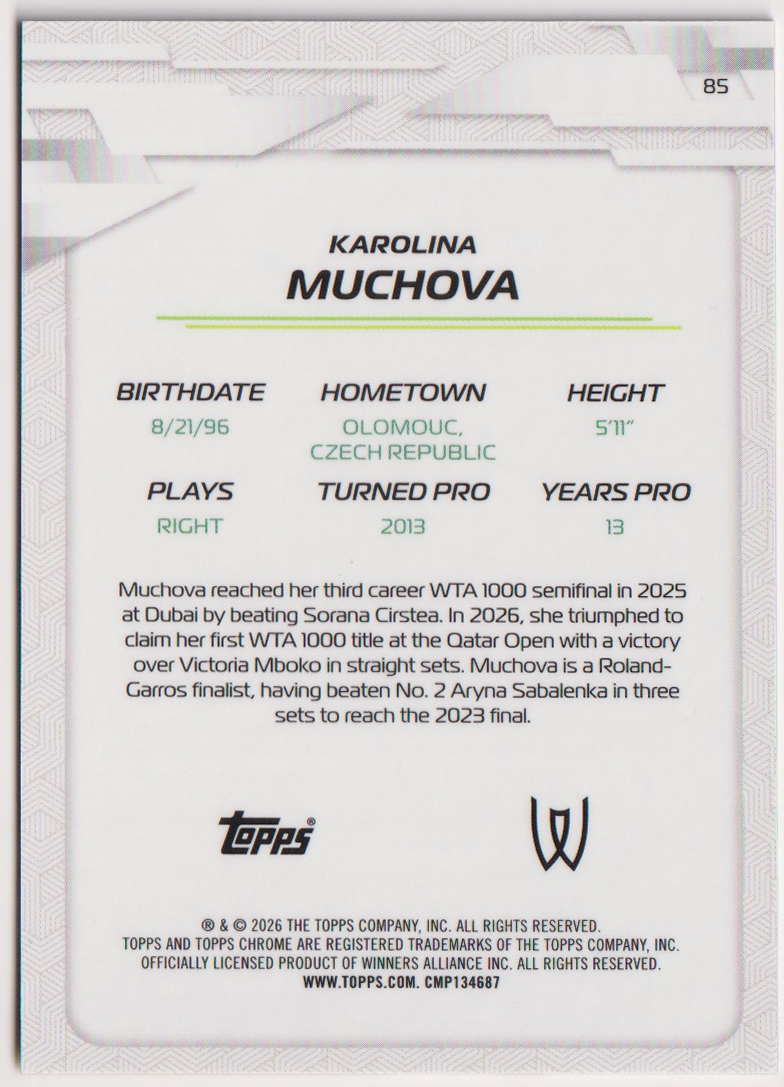 2026 Topps Chrome Tennis Karolina Muchova Gold Geometric Refractor #85 30/50, back