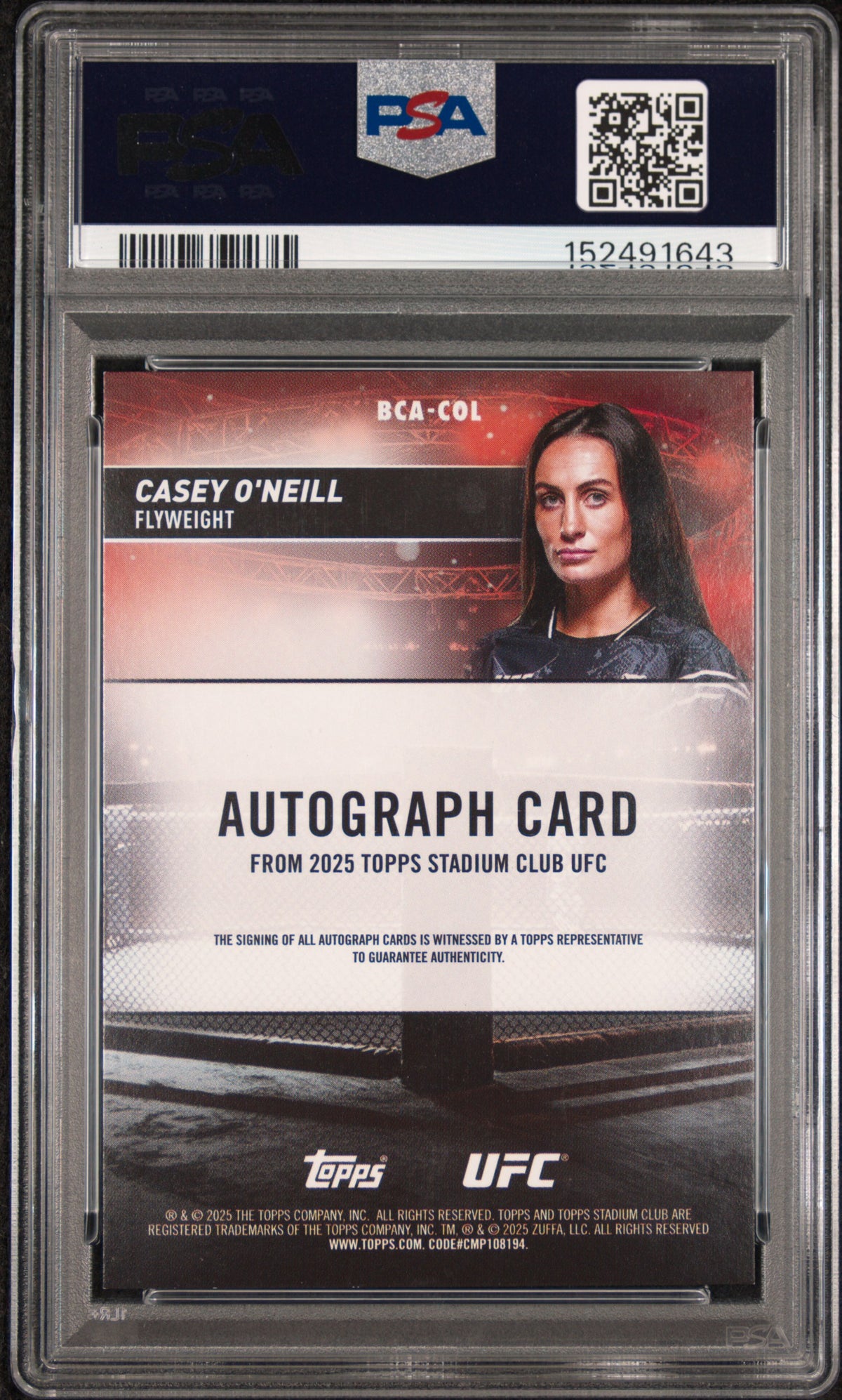 2025 Topps Stadium Club UFC Autographs Casey O’Neill #BCA-COL — PSA 8 / Auto 10 — Cert 152491643 — back