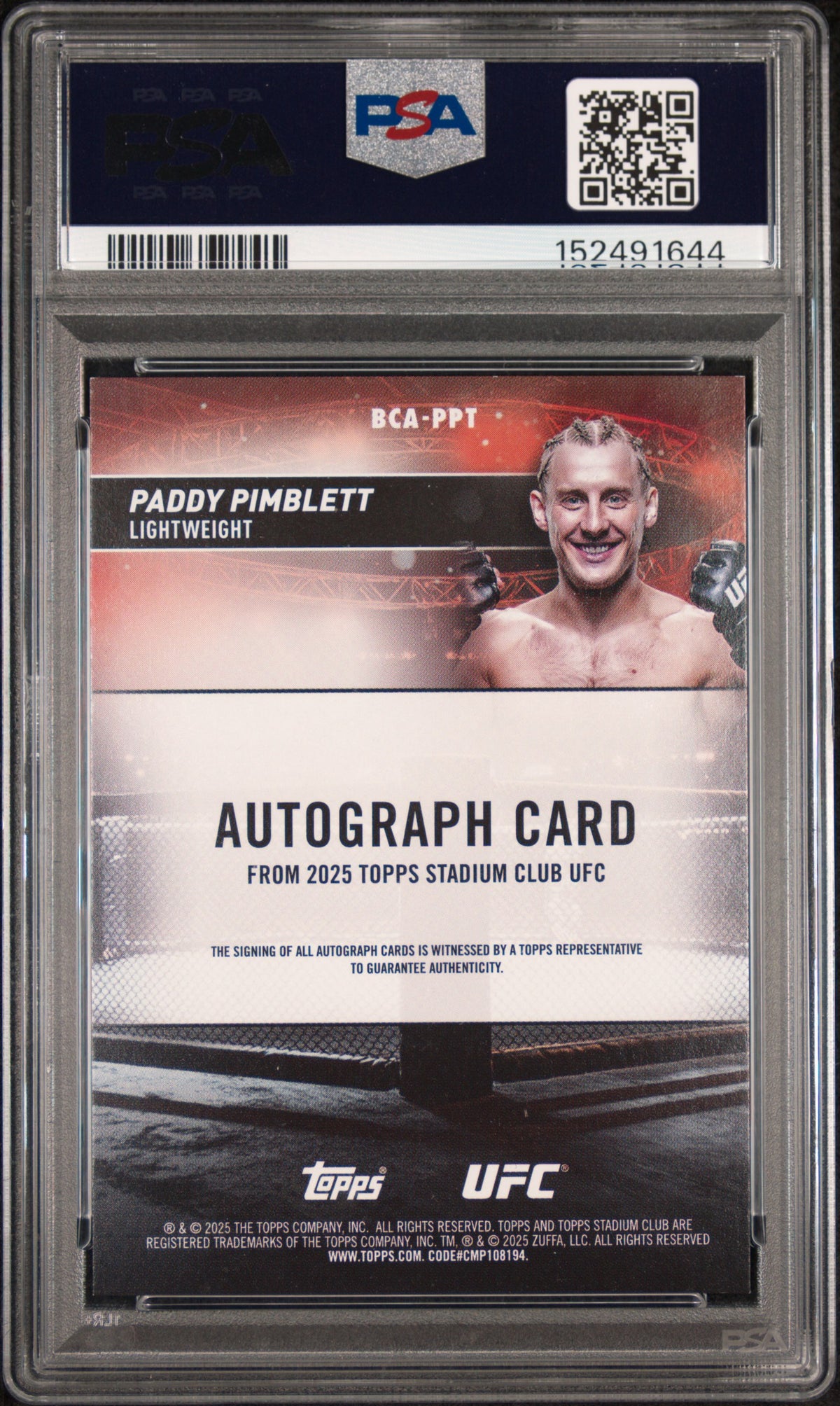 2025 Topps Stadium Club UFC Autographs Paddy Pimblett Rainbow 06/10 #BCA-PPT — PSA 8 / Auto 10 — Cert 152491644 — back