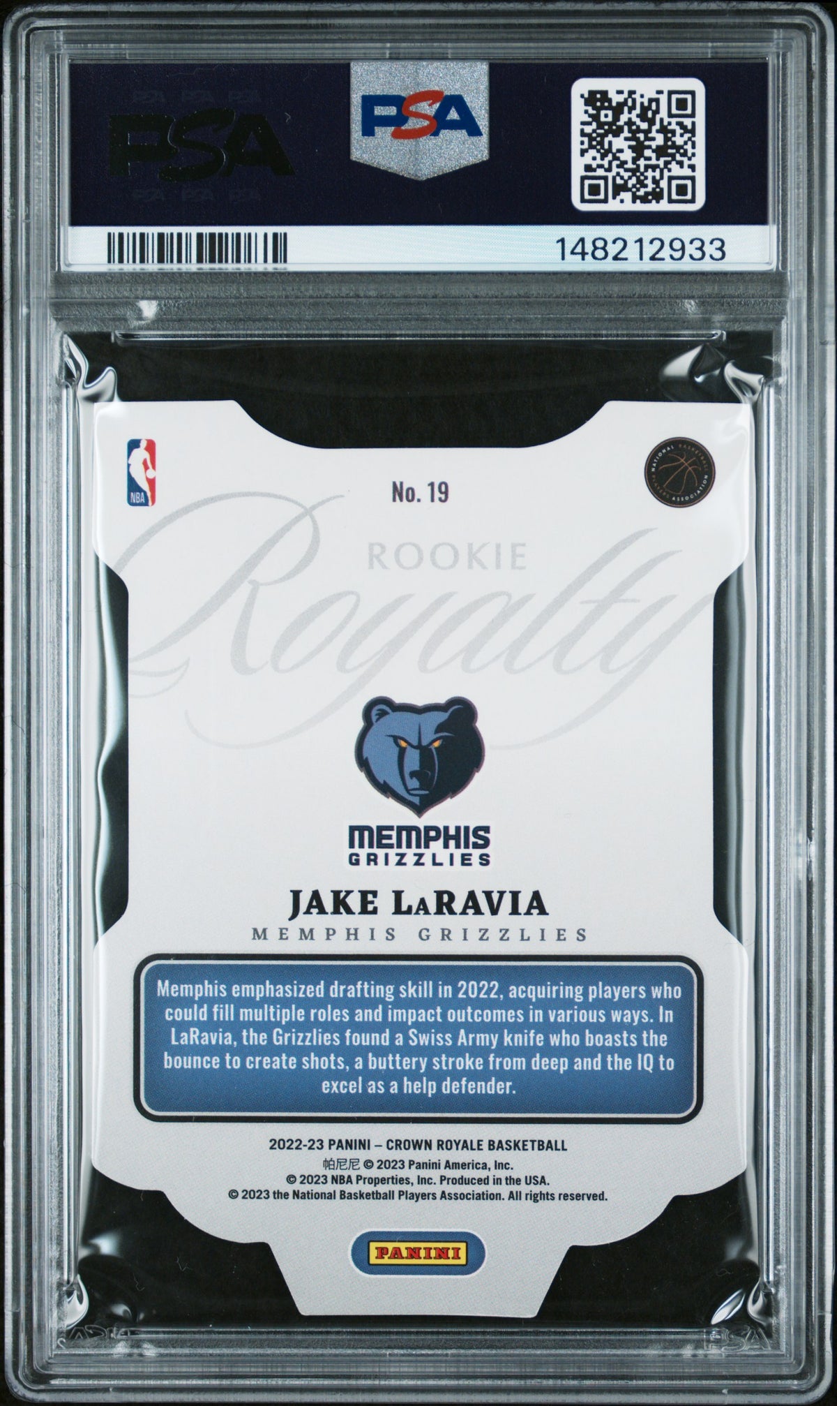 2022 Panini Crown Royale Rookie Royalty Jake LaRavia Gold #19 – PSA 10 — PSA certificate 148212933 — back
