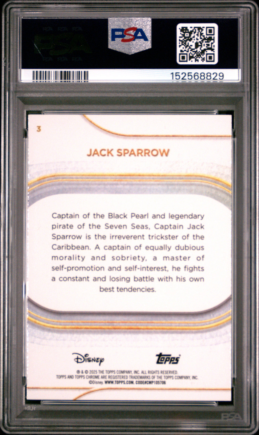 2025 TOPPS CHROME DISNEY #3 JACK SPARROW YELLOW REFRACTOR, PSA GEM MT 10, certificate 152568829 — back