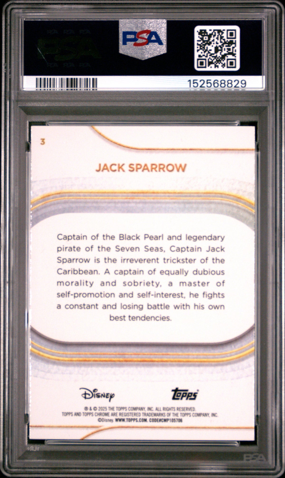 2025 TOPPS CHROME DISNEY #3 JACK SPARROW YELLOW REFRACTOR, PSA GEM MT 10, certificate 152568829 — back