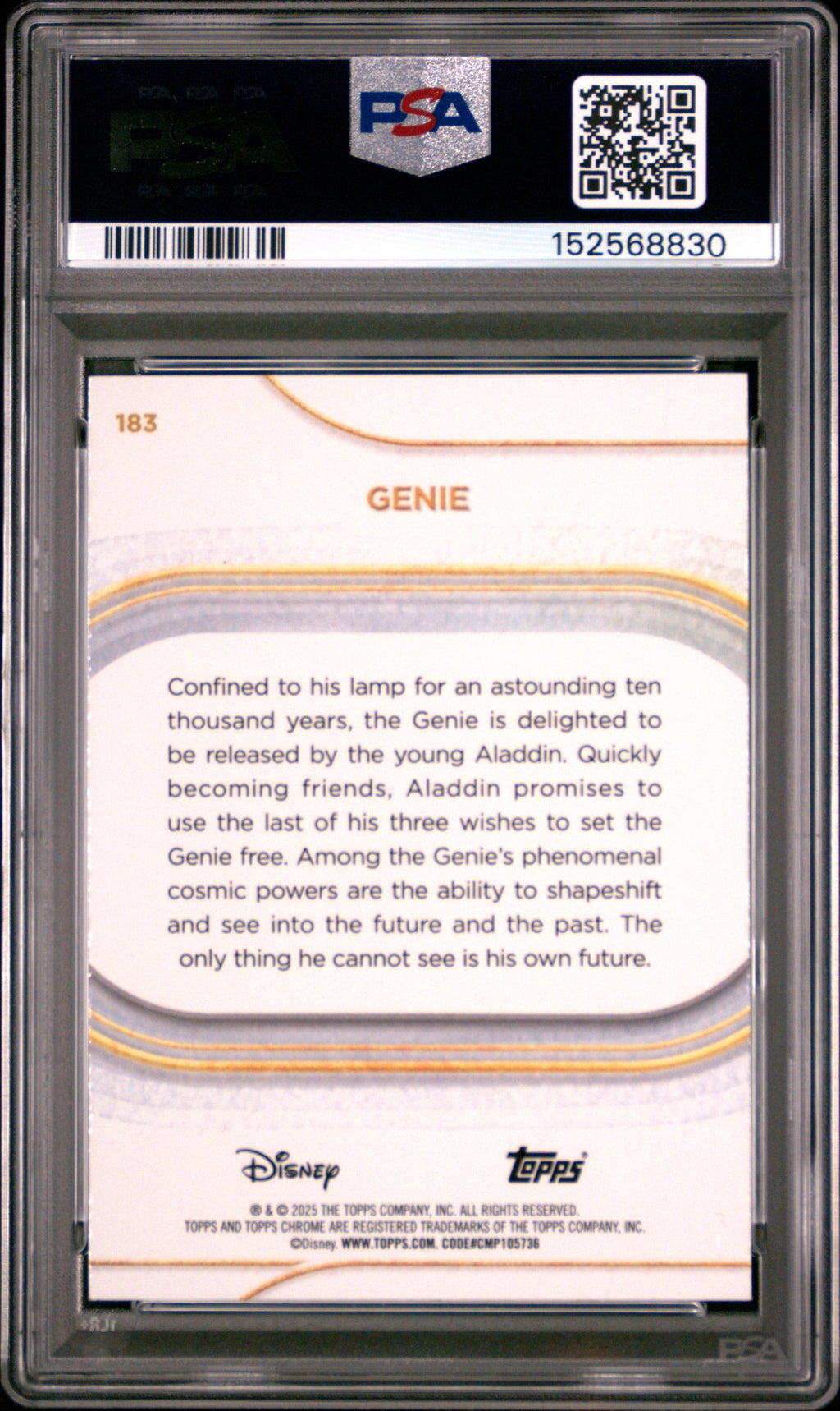 2025 TOPPS CHROME DISNEY #183 GENIE TEAL REFRACTOR, PSA EX-MT 6, certificate 152568830 — back
