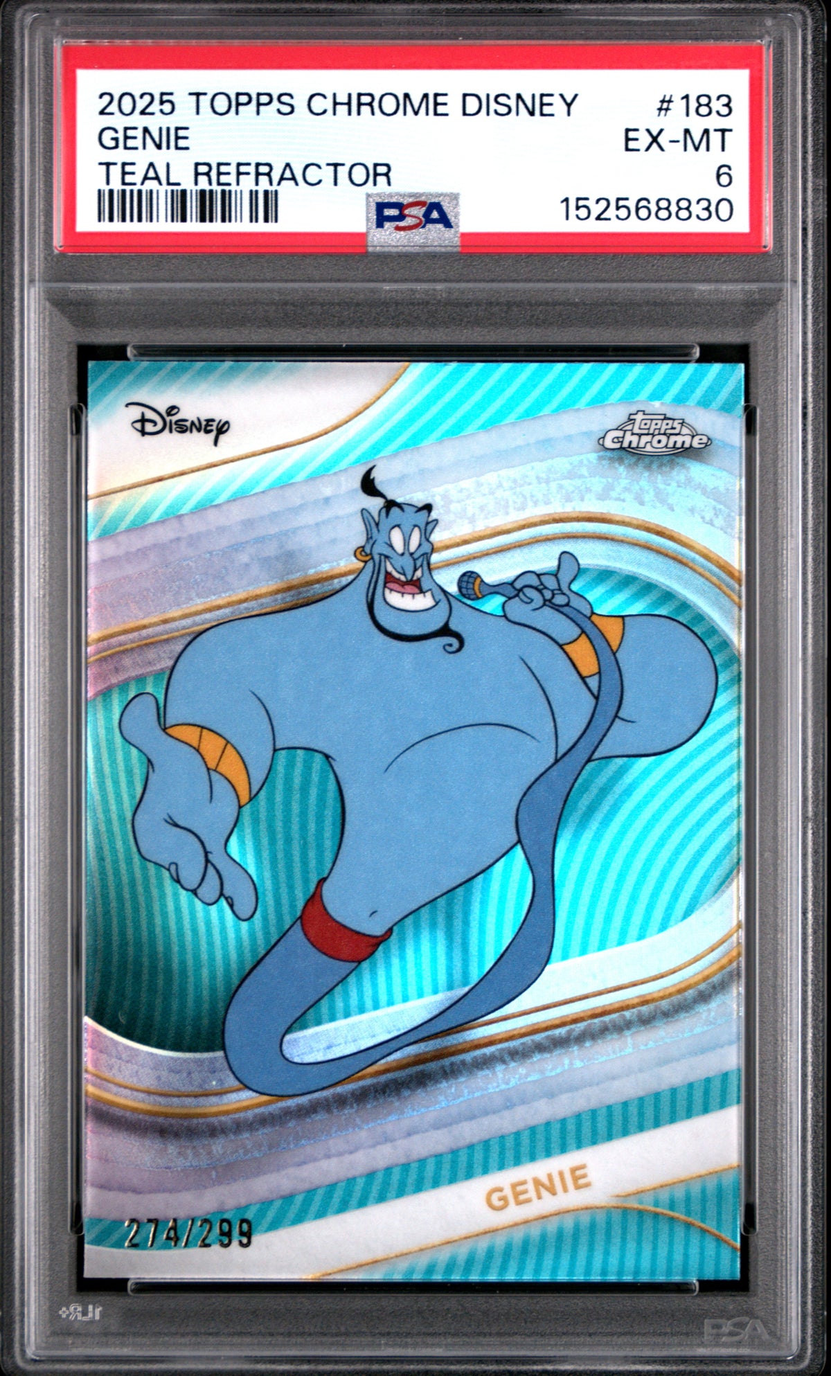 2025 TOPPS CHROME DISNEY #183 GENIE TEAL REFRACTOR, PSA EX-MT 6, certificate 152568830 — front