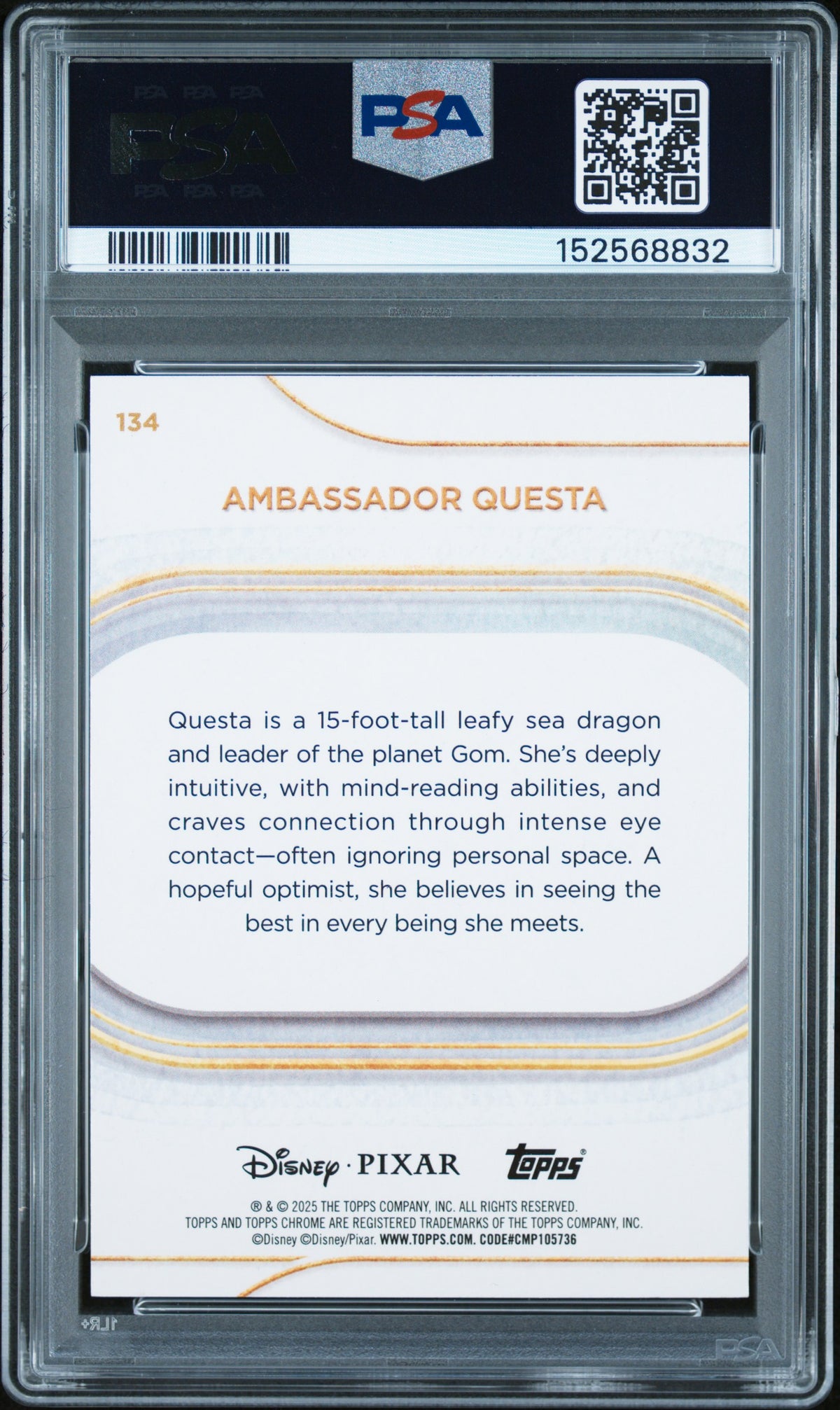 2025 TOPPS CHROME DISNEY #134 AMBASSADOR QUESTA BLUE REFRACTOR, PSA NM-MT 8, certificate 152568832 — back