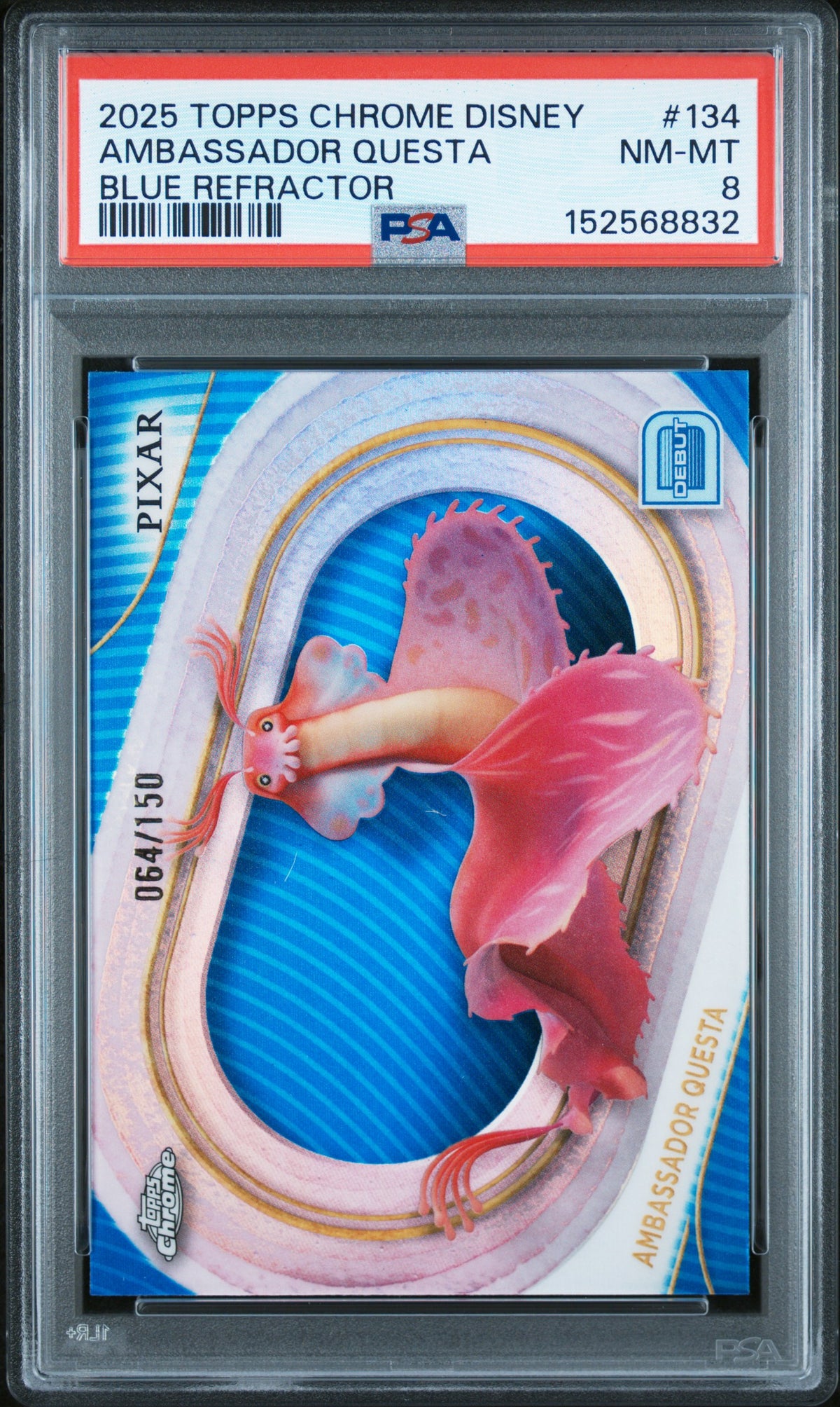 2025 TOPPS CHROME DISNEY #134 AMBASSADOR QUESTA BLUE REFRACTOR, PSA NM-MT 8, certificate 152568832 — front