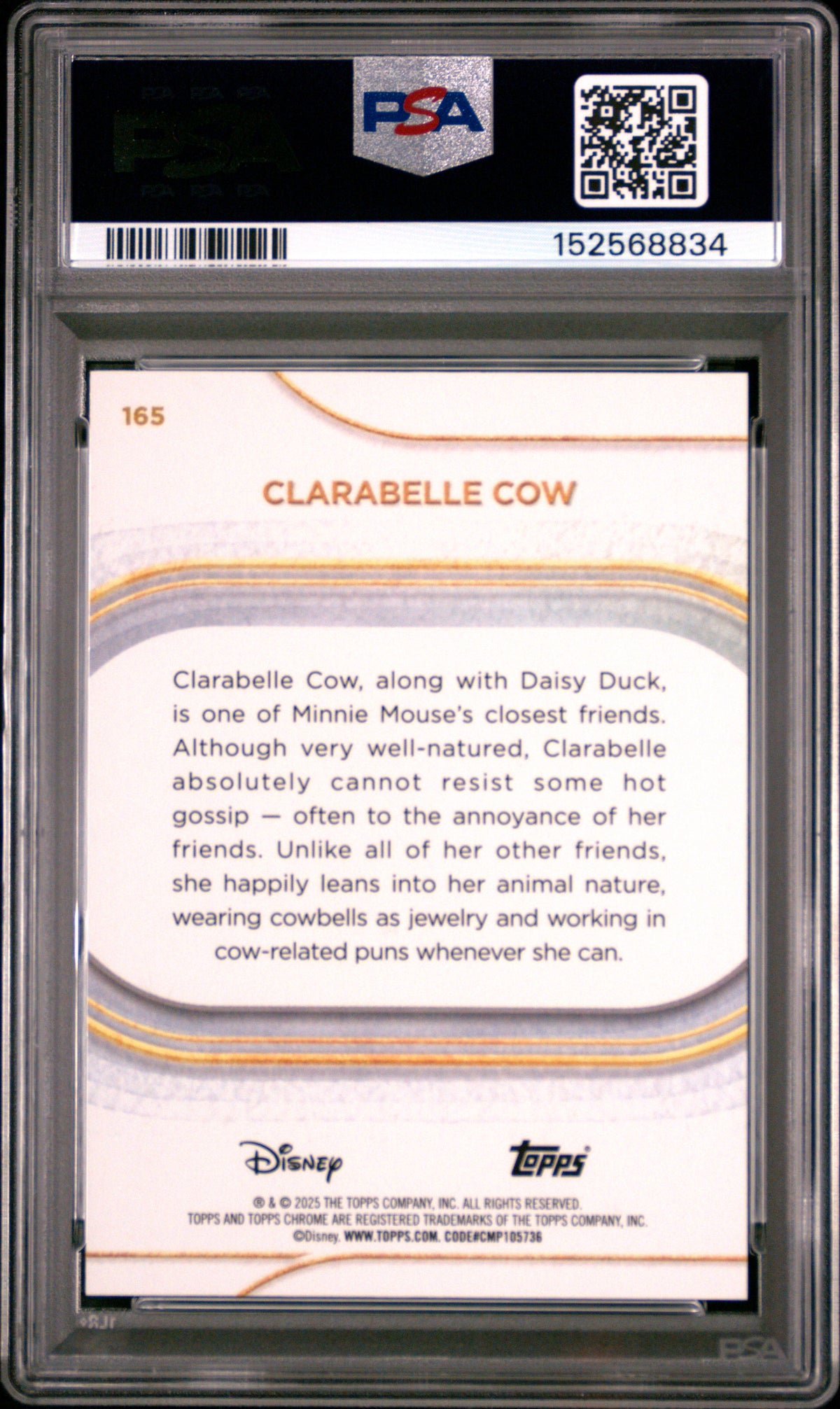 2025 TOPPS CHROME DISNEY #165 CLARABELLE COW GOLD WAVE, PSA GEM MT 10, certificate 152568834 — back