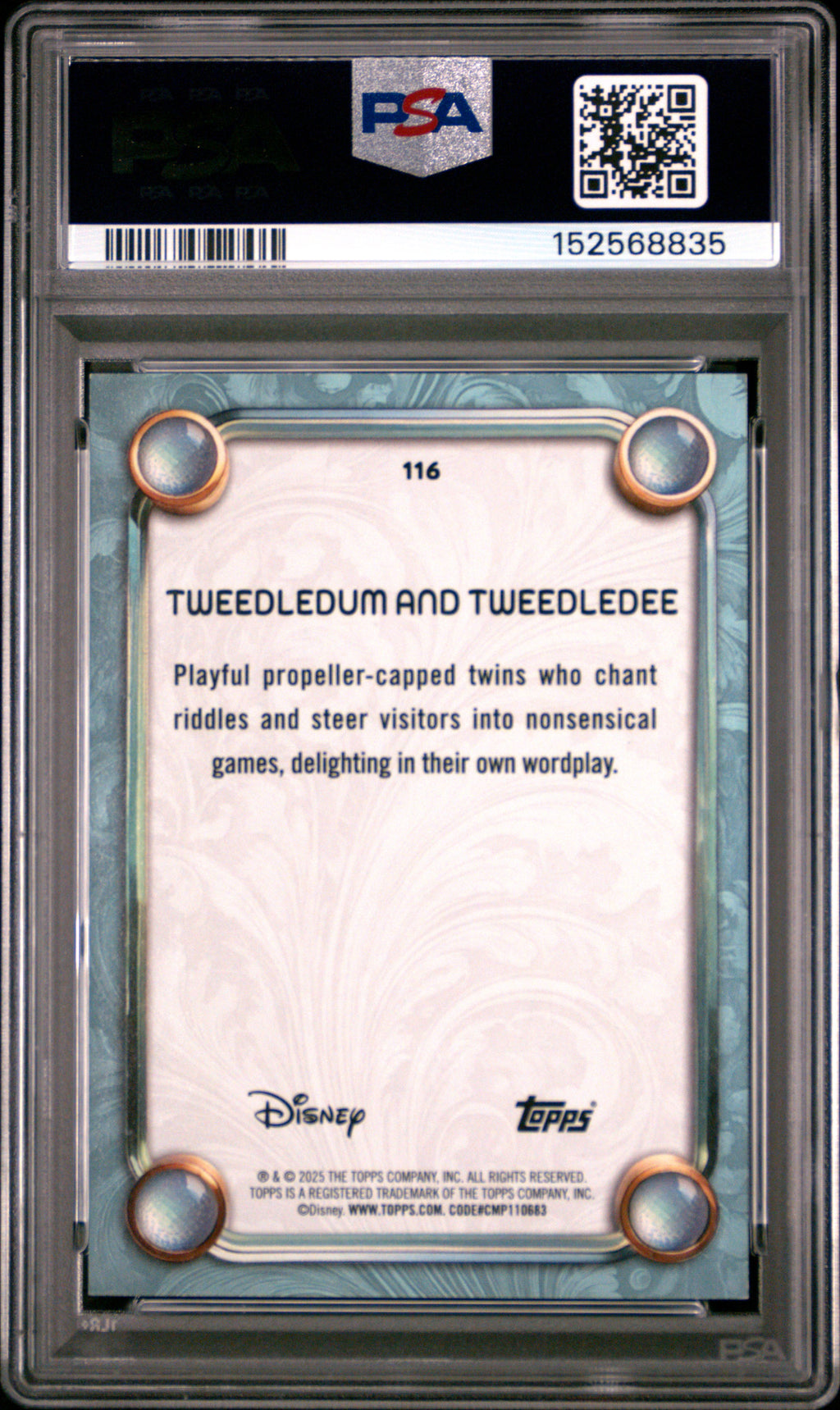 2025 TOPPS DISNEY WONDER #116 TWEEDLEDUM & TWEEDLEE GOLD FOIL, PSA MINT 9, certificate 152568835 — back