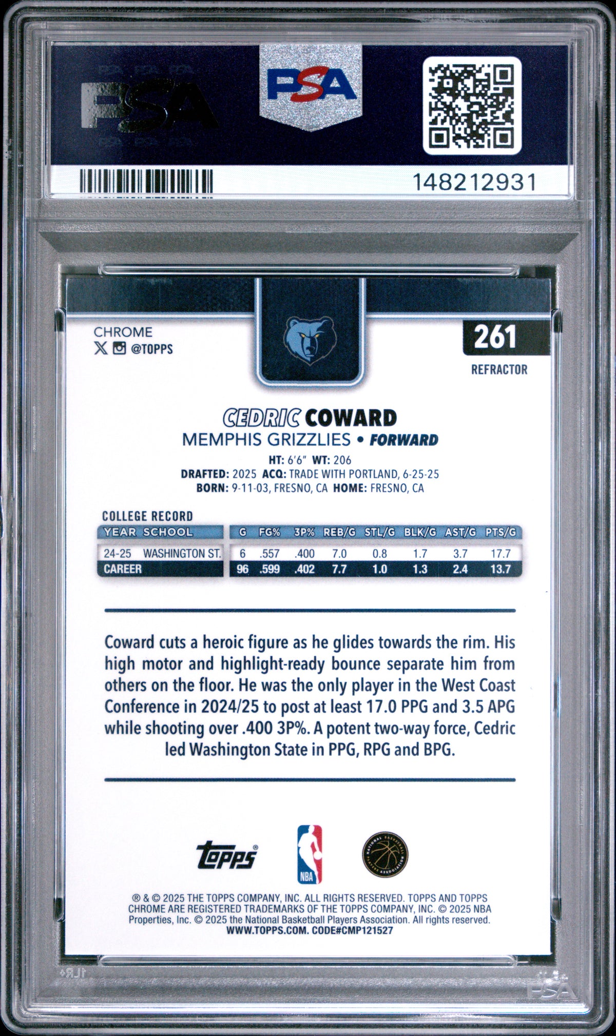 2025 Topps Chrome Cedric Coward Refractor #261 – PSA 10 — PSA cert 148212931 — back