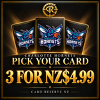 CHARLOTTE HORNETS Pick Your Card — 3 for NZ$4.99 — three logo card backs with Card Reserve NZ vault branding