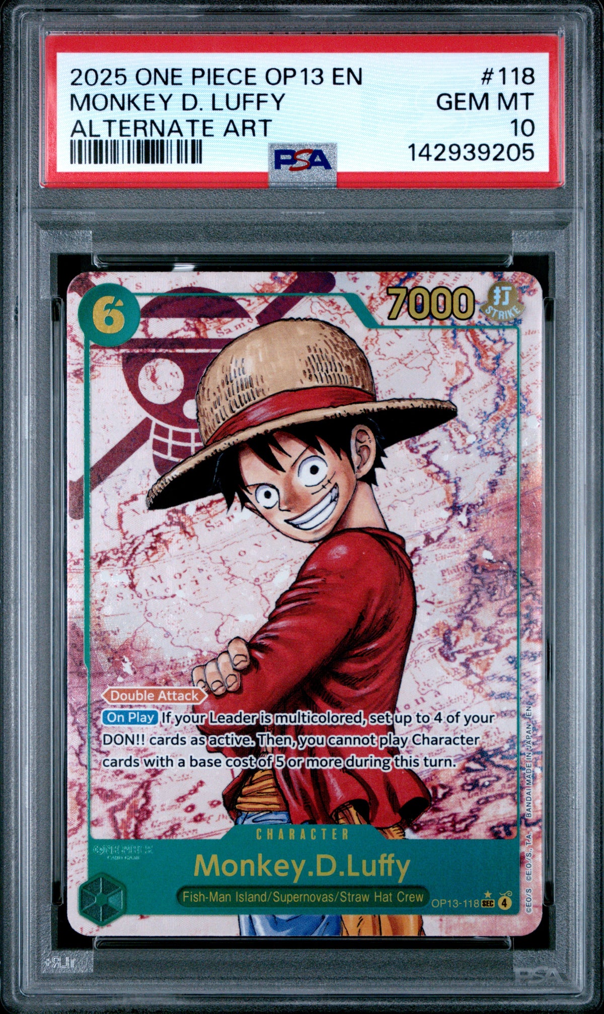 2025 One Piece Monkey D. Luffy Alternate Art OP13-118 – PSA 10 — PSA cert 142939205 — front